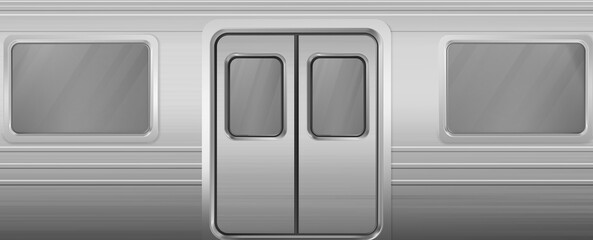 Train wagon with windows and closed doors. Vector realistic background with glass windows and doors in metal wall of metro carriage. Passenger railway transport, subway wagon outside