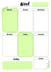 Notebook pages, daily and weekly planner, vector