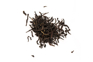 Leaves of black premium dry tea on a white background