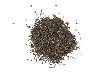 Leaves of black premium dry tea on a white background