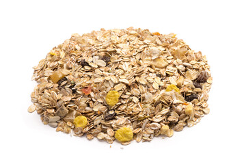 oatmeal with raisins, coconut, pineapple and banana slices isolated on a white background. For packing oatmeal or granola.