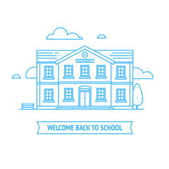 Welcome back to school concept. Vector linear illustration of public school building. Editable stroke