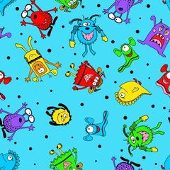 Naklejka na ściany i meble Seamless pattern with cute funny monsters. Kids backgroud for textile, wallpapers and paper.