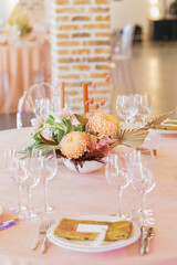 The Concept Of Wedding Decor. Tropical decor. Chic and Romantic Blush Pink Modern Wedding Color