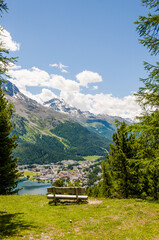 St. Moritz, Corviglia, St. Moritzersee, Wanderweg, Aussichtspunkt, Piz da Staz, Piz Rosatsch, Piz Mezdi, Piz Surlej, Corvatsch, Oberengadin, St. Moritz Bad, Alpen, Graubünden, Sommer, Schweiz