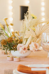 The Concept Of Wedding Decor. Tropical decor. Chic and Romantic Blush Pink Modern Wedding Color