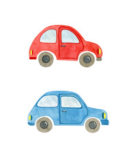 Red and blue car. Watercolor illustration isolated on white.