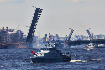 View of Russian Navy, modern russian military naval battleships warships in the row, northern fleet...