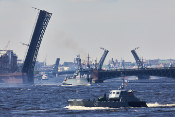 View of Russian Navy, modern russian military naval battleships warships in the row, northern fleet and baltic sea fleet, summer sunny day during the military exercise