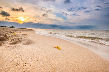 Zachód słońca na piaszczystej plaży - obrazy, fototapety, plakaty