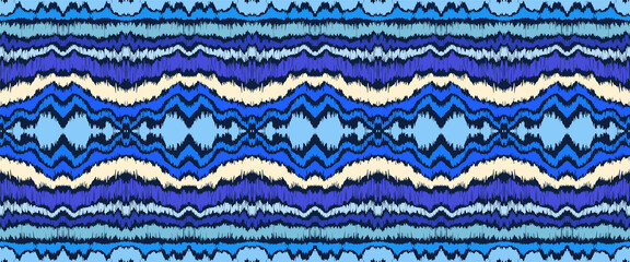 Ikat border. Geometric folk ornament. Ink on clothes. Tribal vector texture. Seamless striped pattern in Aztec style. Ethnic embroidery. Indian, Scandinavian, Gypsy, Mexican, African rug.