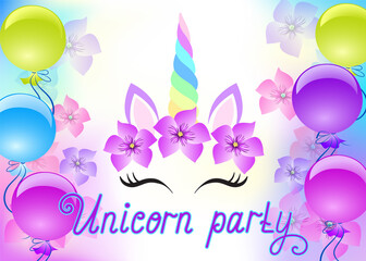 Fabulous unicorn with beautiful flowers wreath on background of balloons with flowers and stars with handwritten invitation text "Unicorn party"