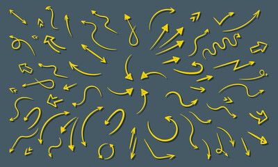 Collection of arrows vector background yellow symbols. Different arrow icon set circle, up, curly, straight and twisted. Design elements. Vector illustration.