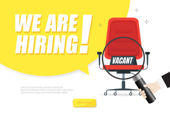 We are hiring, banner concept, vacant position. Empty office chair as a sign of free vacancy isolated on a white background. Send us your resume. Vector illustration.