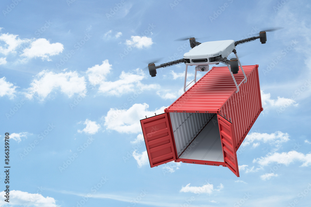 Poster 3d rendering of camera quadcopter carrying small open empty red cargo container in blue sky.