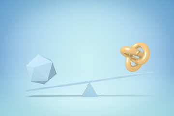 3d rendering of blue icosahedron and golden trefoil knot placed on blue seesaw on light blue background with copy space.