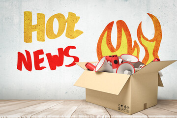 3d rendering of cardboard box filled with white red megaphones with 'Hot news' sign on white wooden floor background