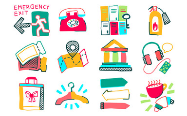 Museum icon doodle naive set of isolated exhibit items and essential elements illustration