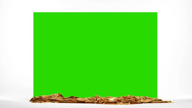 Presentation screen with a golden cloth. Falling curtains on green chroma key, 4k