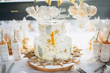Candy bar. Table with sweets, candies, dessert. Birthday cake