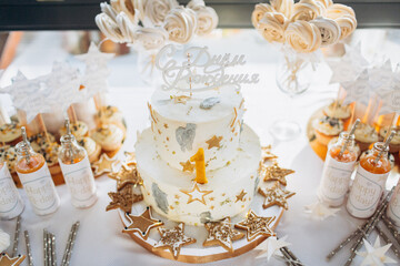 Candy bar. Table with sweets, candies, dessert. Birthday cake