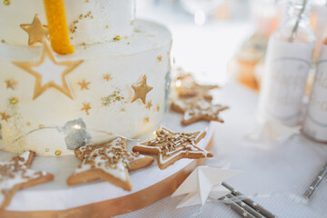 Candy bar. Table with sweets, candies, dessert. Birthday cake