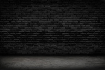 Empty black brick wall and concrete floor for background. Dark room interior with black brick wall...