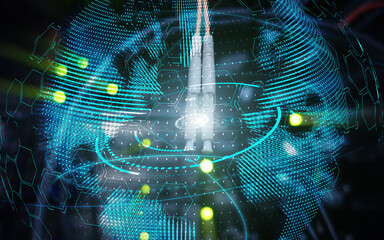 Planet Earth globe global communication technology concept server room background.