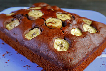 Closeup Fresh Baked Delectable Homemade Wholemeal Chocolate Banana Olive Oil Cake