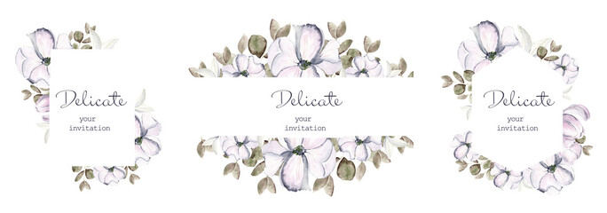 Set of watercolor delicate floral frame with roses, leaves, branches, herbs isolated on a white background. Floral greeting card or invitation