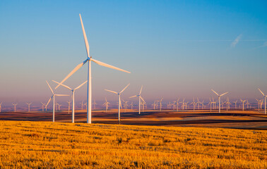 Wind generators in Sherman County Oregon wheat country are shown against a blue sky.    Located a few miles south of the Columbia River Gorge. © Bob