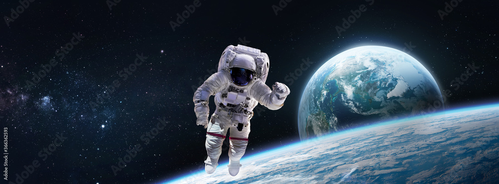 Poster Astronaut in the outer space near Earth planet surface. Abstract wallpaper. Spaceman. Elements of this image furnished by NASA