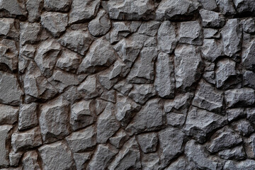 Dark masonry wall texture. Black stones and rocks of different shape, grey background 