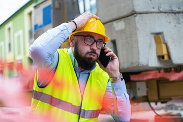 Architect in protective helmet speaking by phone