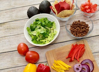 Simple healthy fresh organic ingredients ready to assemble tasty delicious homemade meal kit tacos for ethnic Mexican food at home