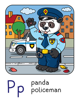 Panda policeman. Animal professions ABC Alphabet P