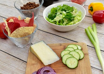 Simple healthy fresh organic ingredients ready to assemble tasty delicious homemade meal kit tacos for ethnic Mexican food at home