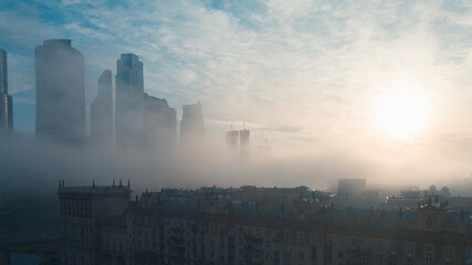 Moscow, Russia - July 5, 2020: The fog over the Moscow skyscrapers