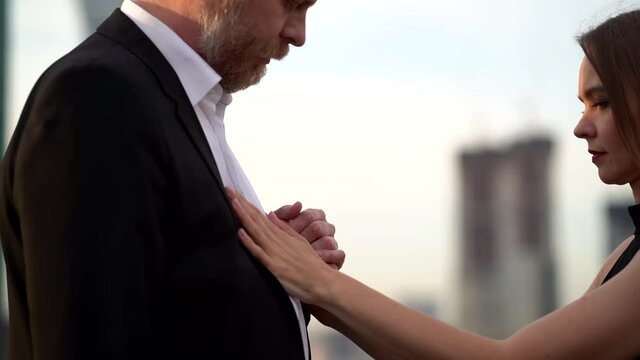 woman is leaving man and giving to him new lover, love of three, marriage and adultery