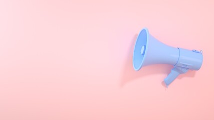 3d render of realistic isolated blue megaphone on pastel pink background. Advertisement idea. Conceptual illustration with copy space. 3D render.