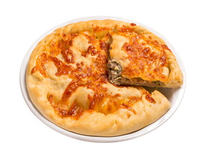 Khachapuri with meat and cilantro. Isolated image on white background.