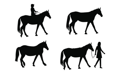 Set of silhouettes of horses, with a rider and on a walk with a woman, black color, isolated on a white background