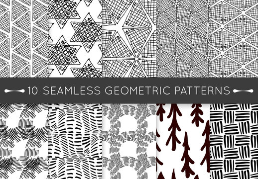 Black and White Hand Drawn Geometric Seamless Pattern Collection