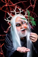 Halloween man. Bearded man ready for party. Horror man faces. Halloween decoration and scary...