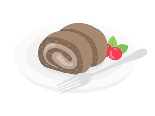 皿にのせたチョコレートロールケーキのイラスト