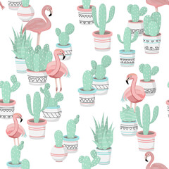 Cute beautiful pastel pattern with cactuses and flamingo. Vector.