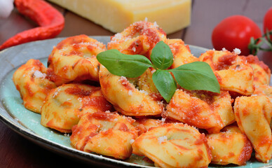 Tortellini with tomatoes sauce in a plate