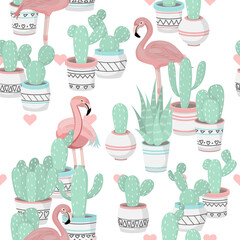 Cute beautiful pastel pattern with cactuses and flamingo. Vector.