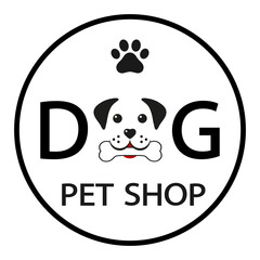 pet shop emblem for animals dog muzzle with bone and lettering in circle