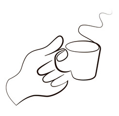 One line drawing of a hand holding a cup of coffee, steam coming out of it. Continuous line fashion concept. Drawing isolated on a white background. One line stock vector illustration.